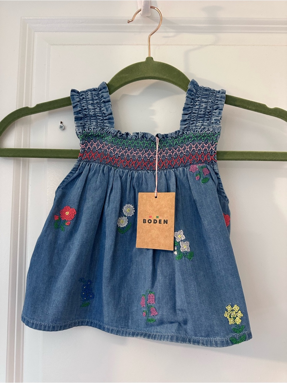 Mini Boden Blue Chambray Smocked Top with Pink Tie